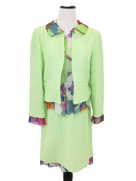 CHANEL Vintage 2000 Spring Lime Green Print Chiffon Trim Skirt Jacket Set 38 40 - Picture 1 of 16